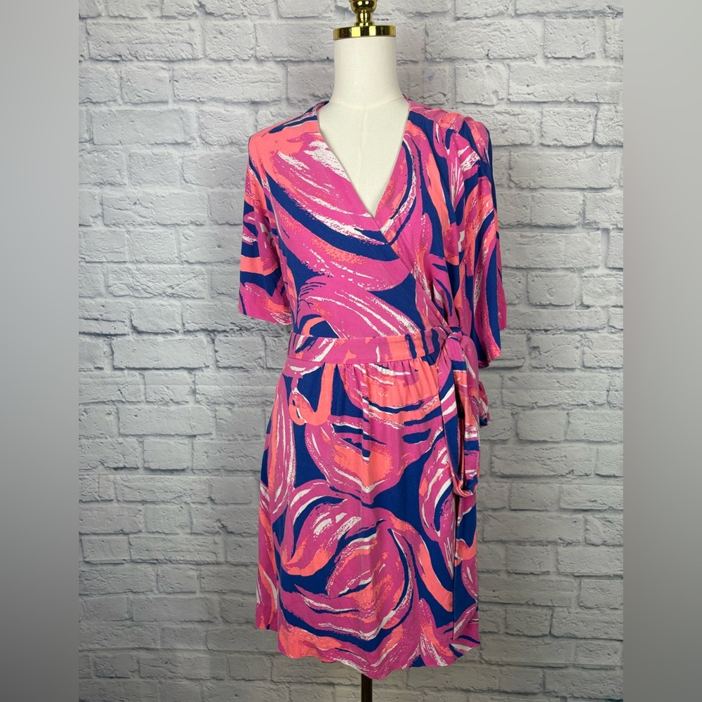 Lilly Pulitzer Pink, Coral & Blue Abstract Print Wrap Dress - Picture 2 of 8